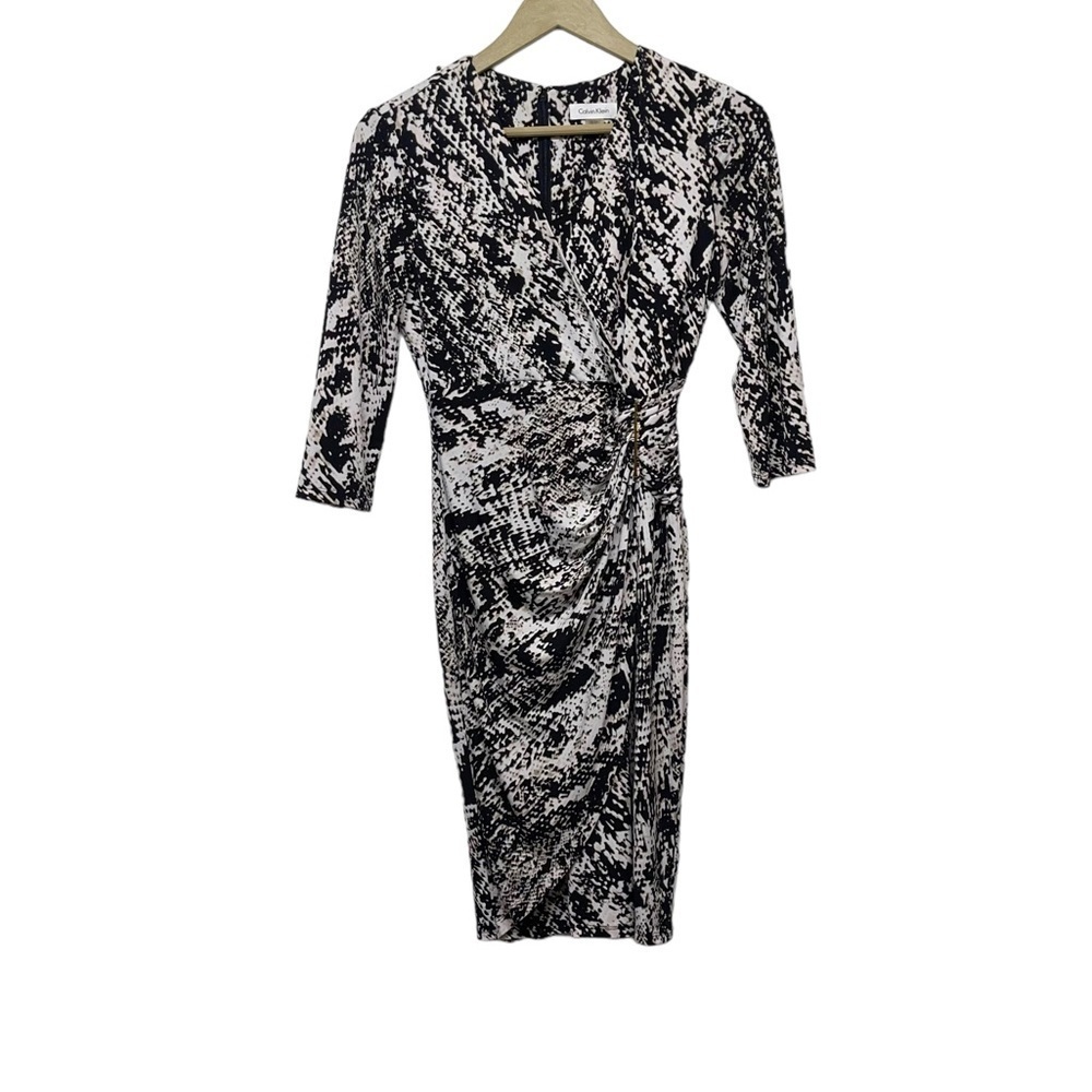 Calvin Klein Black White Printed Faux Wrap Dress Size 2